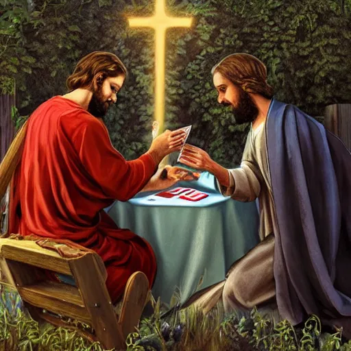 Prompt: Jesus and Satan playing cards in a garden, photorealistic, award winning, 8k, trending on major art outlets,