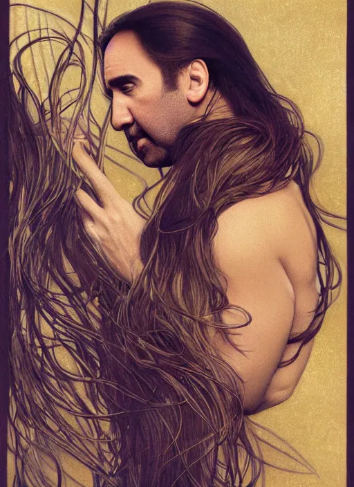 Prompt: pantene advertisement photography of nicolas cage by mucha, extremely coherent, sharp focus, elegant, render, octane, detailed, award winning photography, masterpiece, rim lit