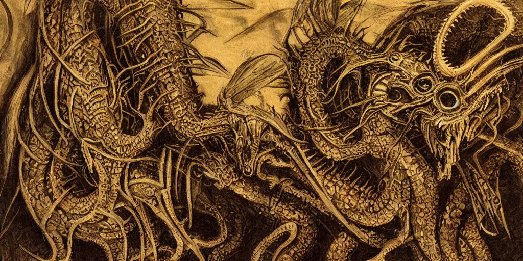 Prompt: a lovecraftian cinematic isograph print of a incan dragon by h. r giger in the style of renaissance art, trending on art station