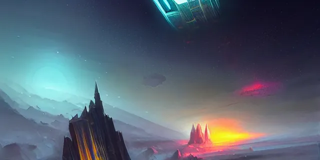 Image similar to a fleet of giant glowing futuristic crystal cubes in the sky, a fantasy magical landscape seen in the distance, atmospheric lighting, intricate, volumetric lighting, beautiful, sharp focus, ultra detailed, in the art style of marc simonetti, bowater charlie and brom gerald, astrophotography