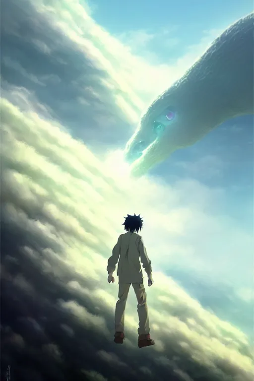 Prompt: a large humanoid kaiju creature, smooth translucent white skin, walking above the clouds and fog, movie poster, by makoto shinkai an krenz cushart