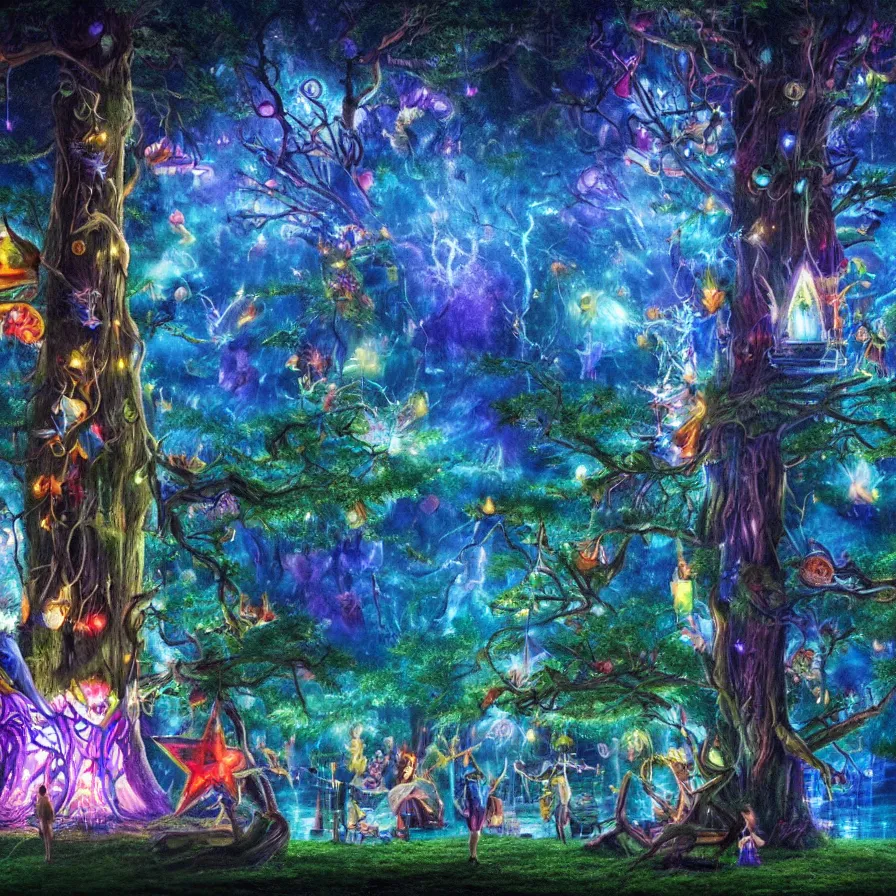 Image similar to closeup of a night carnival inside a tree cavity, a magical in a summer storm with a music scenario with many fireworks and christmas lights, next to a lake with iridiscent lake water, volumetric lightning, folklore people disguised with fantastic creatures in a magical forest by summer night, masterpiece painted fantasy art, scene by dark night environment, refraction lights, five star stories