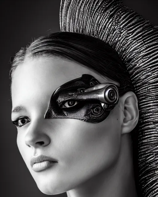 Image similar to a profile portrait, a stunning young woman - cyborg with a mutant crow head, editorial photography, bw, shot on 7 0 mm, depth of field, f / 2. 8, high contrast, 1 6 k, volumetric lighting, shiny, insanely detailed and intricate, hypermaximalist, elegant, ornate, hyper realistic, super detailed