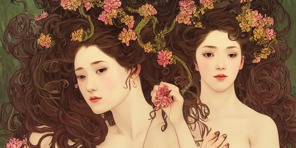 Image similar to a portrait of a very seductive young woman, hair full of gigantic flowers and octopus tentacles, photoillustration, realistic, closeup, facing the camera, dark, dramatic lighting, in the style of WLOP and Alphonse Mucha and Kim Deuk-sin