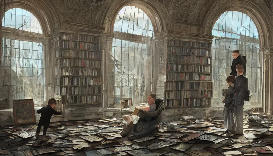 Prompt: father and his son reading books at damaged library of congress in washington dc, light through broken windows, hyperdetailed, artstation, cgsociety, 8 k