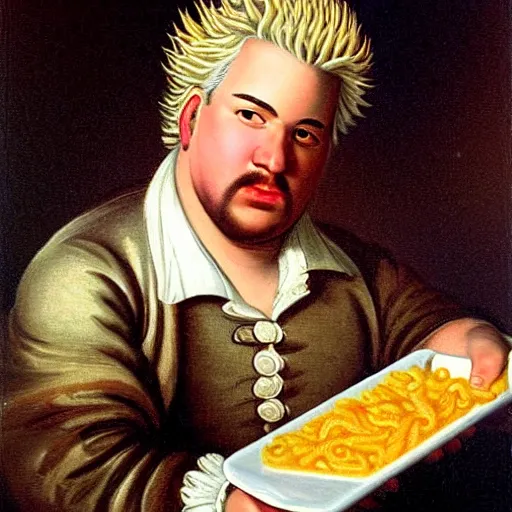 Image similar to an 1 8 th century portrait of guy fieri making a greasy macaroni and cheese sandwich, portrait, royal, oil on canvas