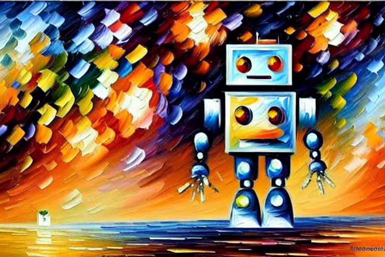 Image similar to a cute little robots painting by leonid afremov