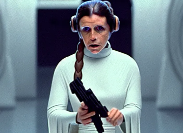 Image similar to portrait of Princess Leia alone at Jedi Temple scene from the last jedi, 2022, film by Stanley Kubrick, 4k serene, iconic , photoreal Carrie fischer, detailed stunning cinematography, hyper detailed, sharp, anamorphic lenses, kodak color film