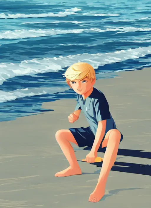 Image similar to a little boy with tousled blonde hair sitting on the beach. clean cel shaded vector art. shutterstock. behance hd by lois van baarle, artgerm, helen huang, by makoto shinkai and ilya kuvshinov, rossdraws, illustration, art by ilya kuvshinov