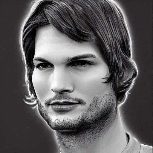 Prompt: matte drawing derogative detailed portrait of ashton kutcher