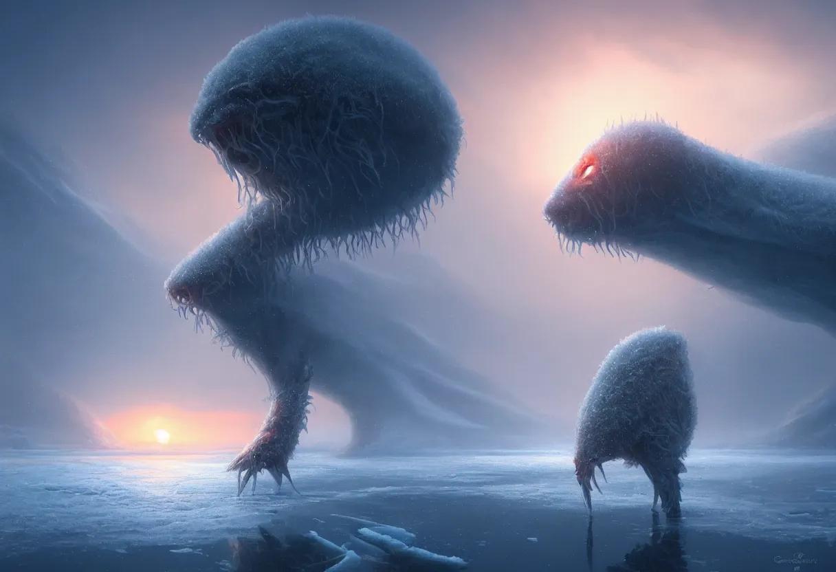 Image similar to strange sea animal emerging from surface of another frozen winter planet at sunset, ultra high definition, ultra detailed, symmetry, fog, matte painting, by greg rutkowski and ross tran and wlop