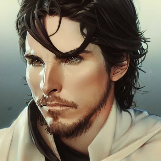 Image similar to anime Portrait of Christian Bale, intricate, wild, highly detailed, digital painting, artstation, concept art, smooth, sharp focus, illustration, art by artgerm and greg rutkowski and alphonse mucha and Hajime Sorayama