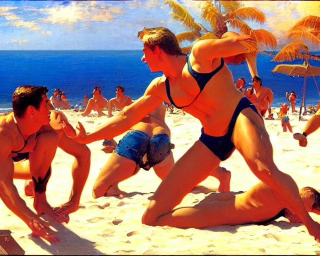 Image similar to top gun beach volleyball scene, cool colors, hard angles, painting by gaston bussiere, craig mullins, j. c. leyendecker, tom of finland