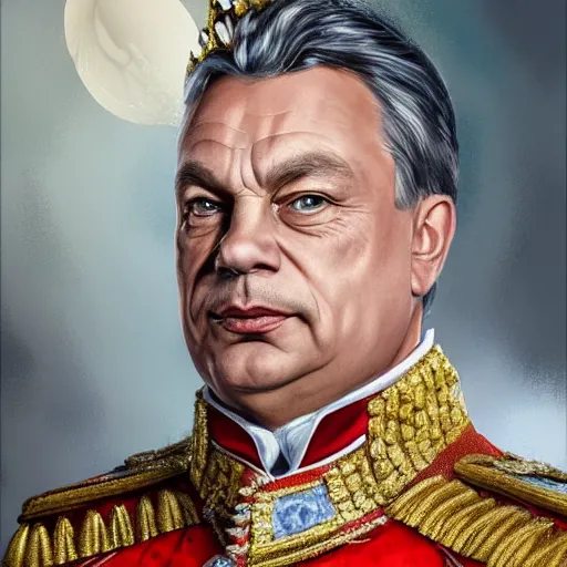 Image similar to an extremely realistic portrait depicting the coronation of hungarian prime minister viktor orban dressed in royal national costume, on the frozen danube, detailed, intricate, elegant, fat, highly detailed, digital painting, artstation, concept art, smooth, sharp focus, illustration,