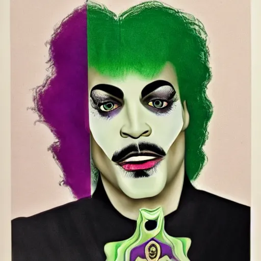 Prompt: a portrait of prince as two face. half his face is white with green hair. in the style of herbert bayer