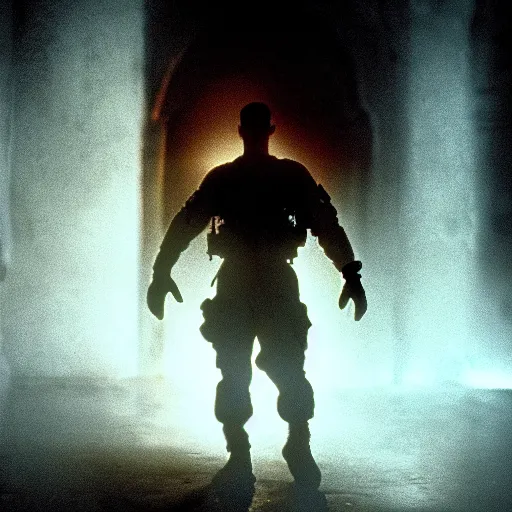 Prompt: soldier is made of rocks, still from the movie universal soldier, fog, dramatic lighting