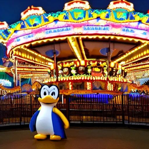 Image similar to photograph of walter white in a penguin costume standing in front or a carousel in disneyland, dark, ominous lights