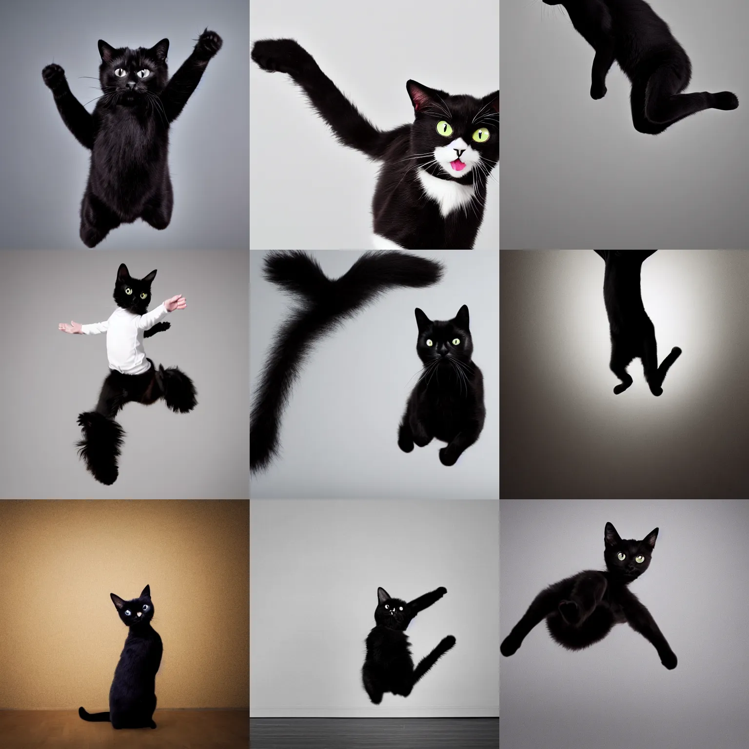 Prompt: Black cat jumping in mid air white background