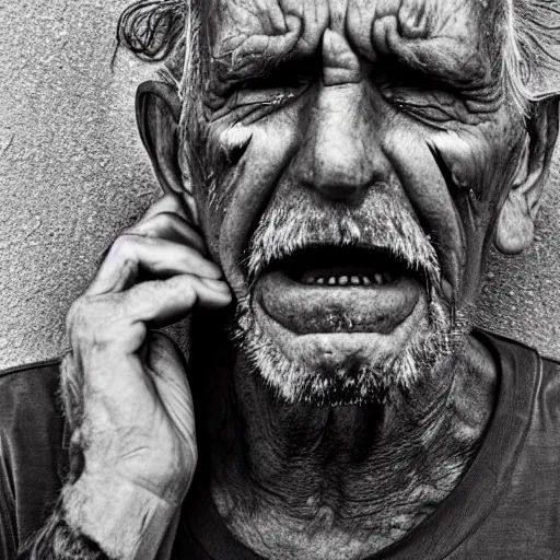 Image similar to a photographic portrait of a rugged elderly man with tears running down face by Martin Schoeller