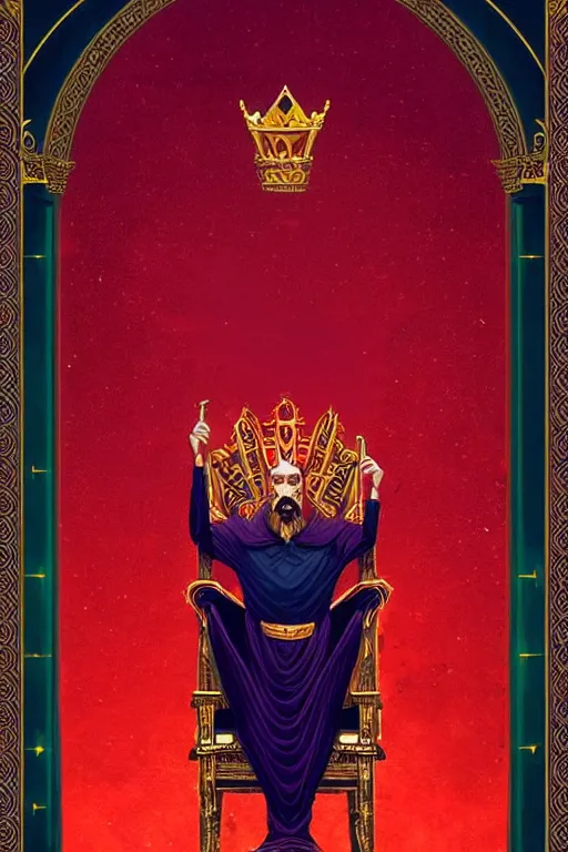 Image similar to the emperor tarot card, the crowned embodiment of male power holding the symbol of his power sits on a lavish red throne ruling with wisdom and care, 8 k resolution digital painting, by alena aenami, by michael whelan, behance hd, trending on artstation deviantart