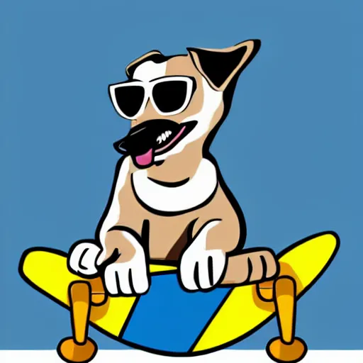 Prompt: iconography of a dog standing on a skateboard wearing sunglasses, making a thumbs up, with speed lines behind him, strong line work, plain blue background