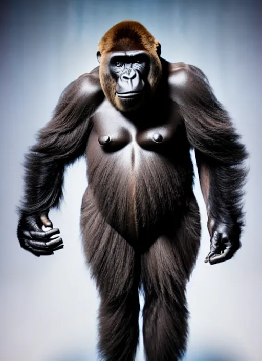 Image similar to studio photo still of a full body gorilla in a space suit, 8 k, studio lighting, key light from right side,