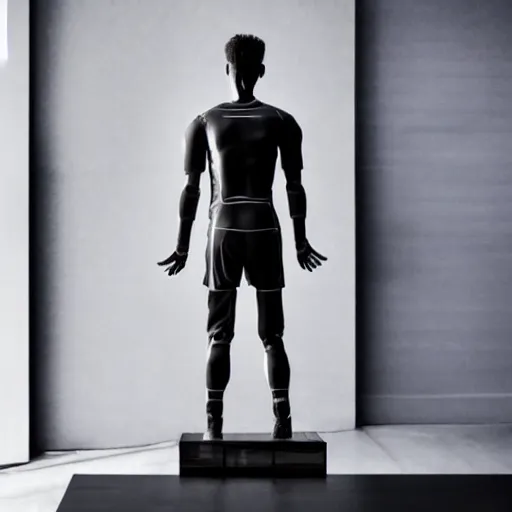 Image similar to a realistic detailed photo of a guy who is an attractive humanoid who is half robot and half humanoid, who is a male android, soccer player christian pulisic, shiny skin, posing like a statue, blank stare, in a living room, on display, showing off his muscles