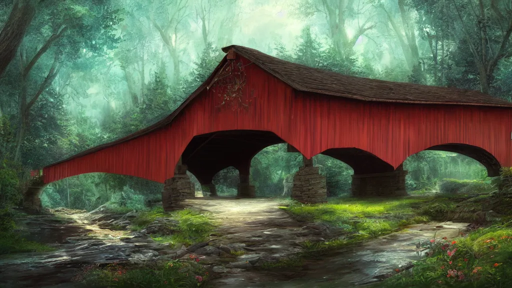 Prompt: Beautiful covered bridge in the woods” Beautiful Dreamscape, Digital art, concept art, detailed, lovely colors, Art station,3-D 4K, beautiful background, matte painting, Mike Criss,