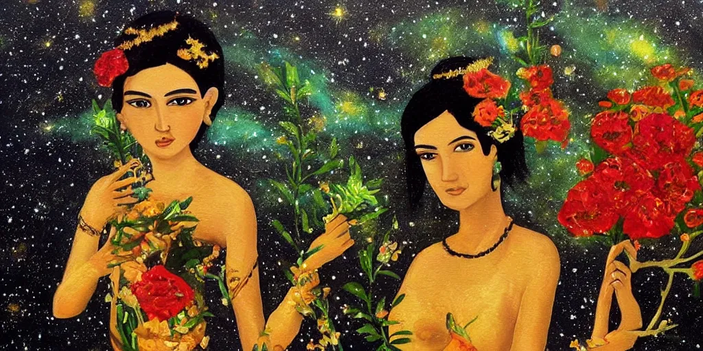 Image similar to a painting of a goddess with short black hair and green eyes with a metallic golden skirt holding flowers. star lit sky, ultra realistic.