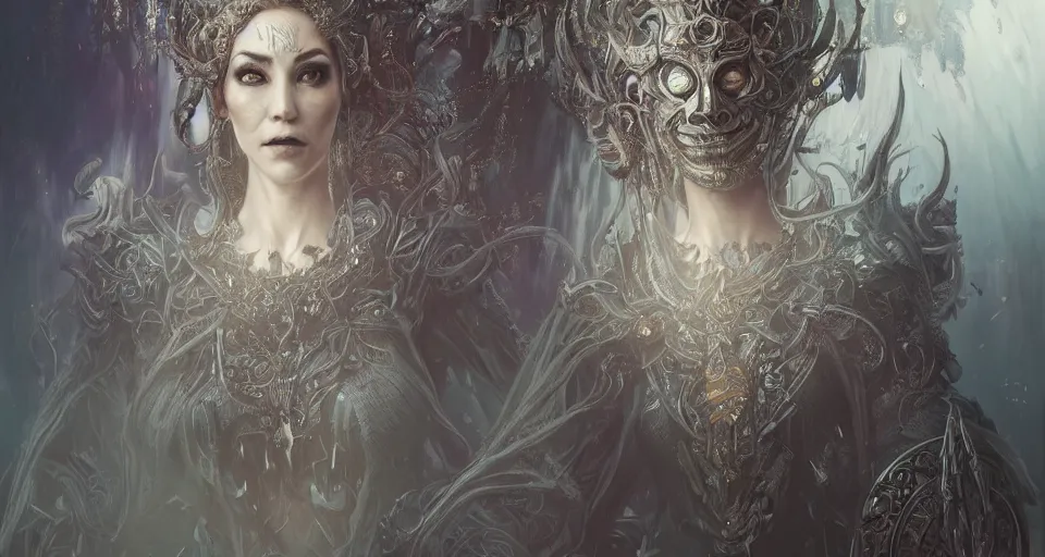 Image similar to a photorealistic dramatic fantasy render of a beautiful lich queen wearing a beautiful intricately detailed eldritch mask and armour kimono by wlop, artgerm, greg rutkowski, alphonse mucha, beautiful dynamic dramatic dark moody lighting, shadows, cinematic atmosphere, artstation, concept design art, octane render, 8 k