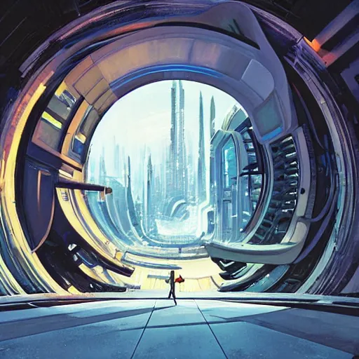 Image similar to centered circular derelict portal in a middle of a futuristic cityscape located under a bridgeway, world seen only through a portal, daylight, cinematic perspective, cinematic lighting, blue sky, syd mead, john harris, symmetrical