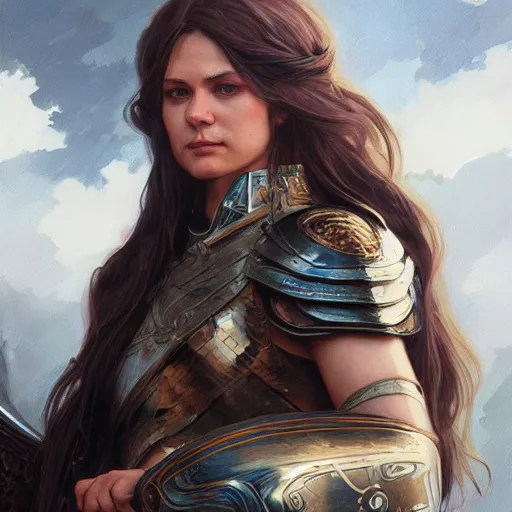 Image similar to long-haired valkyrie, armored, fantasy, D&D, portrait, highly detailed, digital painting, artstation, concept art, sharp focus, illustration, art by artgerm and greg rutkowski and alphonse mucha