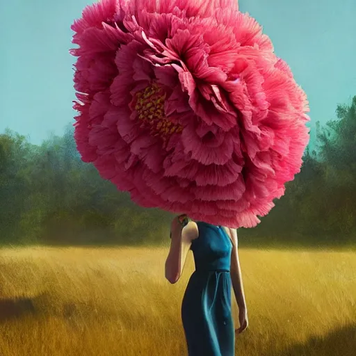 Prompt: giant carnation flower head, woman walking between luxury apartments, surreal photography, sunlight, impressionist painting, digital painting, artstation, simon stalenhag