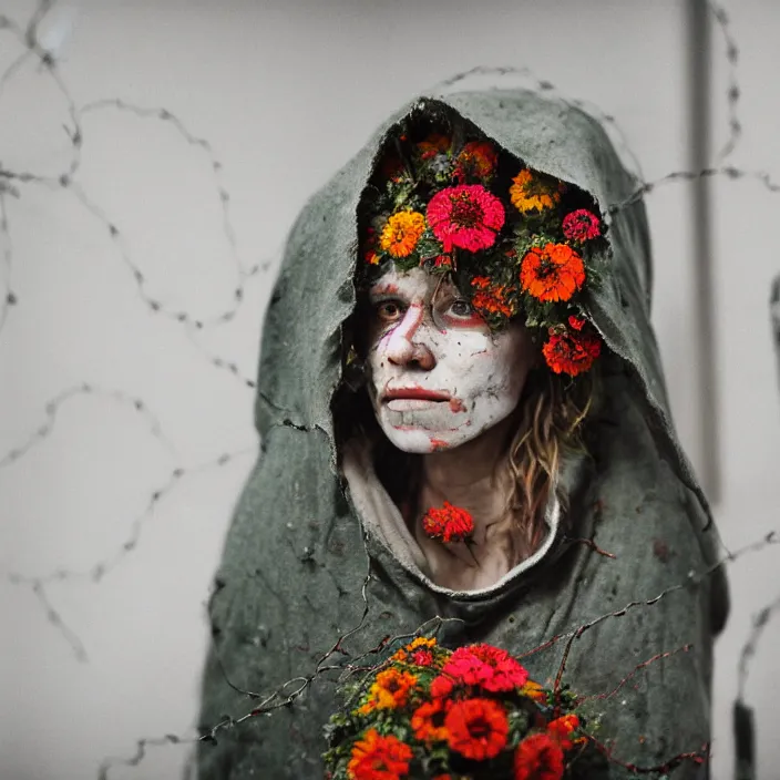 Image similar to a woman wearing a hooded cloak made of zinnias and barbed wire, in a derelict house, detailed face, CANON Eos C300, ƒ1.8, 35mm, 8K, medium-format print