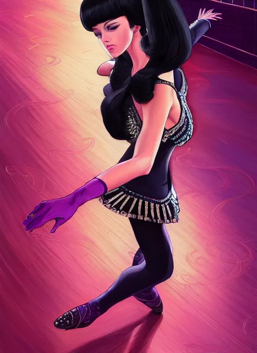 Image similar to a beautiful dancer with black hair in 1970's fashion, ballroom background, intricate, highly detailed, digital painting, artstation, official media, anime key visual, concept art, rich vivid colors, ambient lighting, sharp focus, illustration, art by Artgerm, Makoto Shinkai, Ilya Kuvshinov, Lois Van Baarle, and Rossdraws