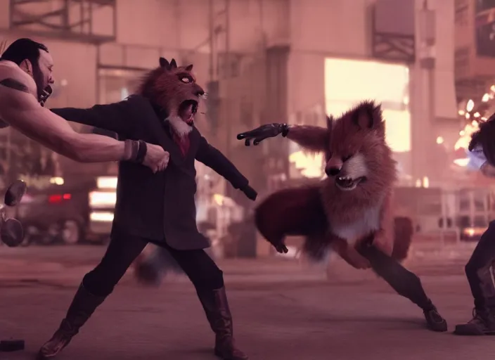 Image similar to nicolas cage beating up furry cosplayers, 8 k, octane render, choreographed fight scene, composition, shot by director park chan - wook