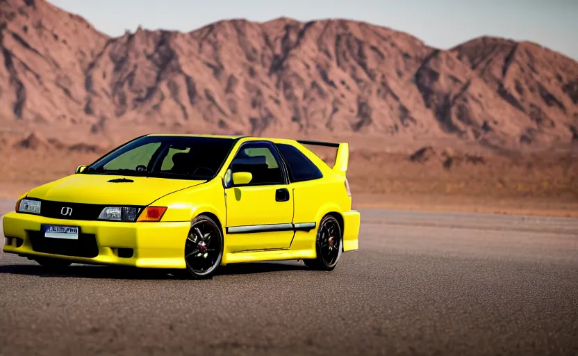 Prompt: photograph of a cell-shaded yellow Honda Civic EK9 Type-R, on a desert road with a futuristic city in the horizon, kicking up dirt, sigma 85mm f/1.4, 4k, depth of field, high resolution, 4k, 8k, hd, full color