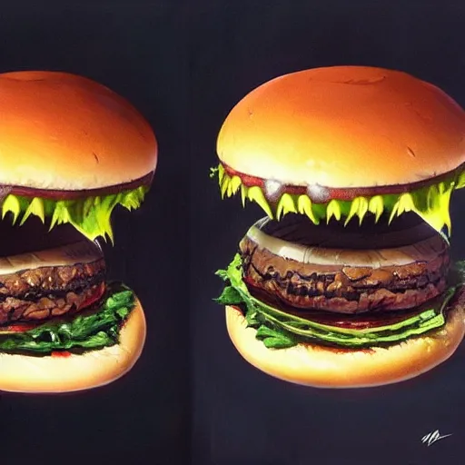 Image similar to hyper realistic hamburger as a xenomorph, painted by greg rutkowski