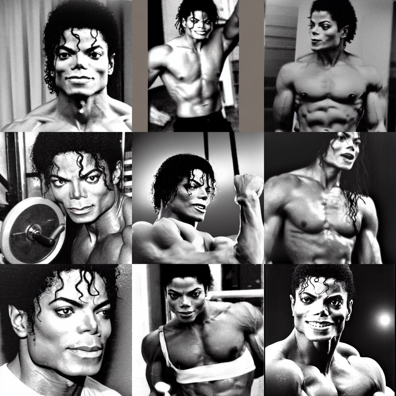 Prompt: close up mid shot!! real photograph, very muscular 2 0 years old michael jackson pumping iron, old sepia photograph, vintage