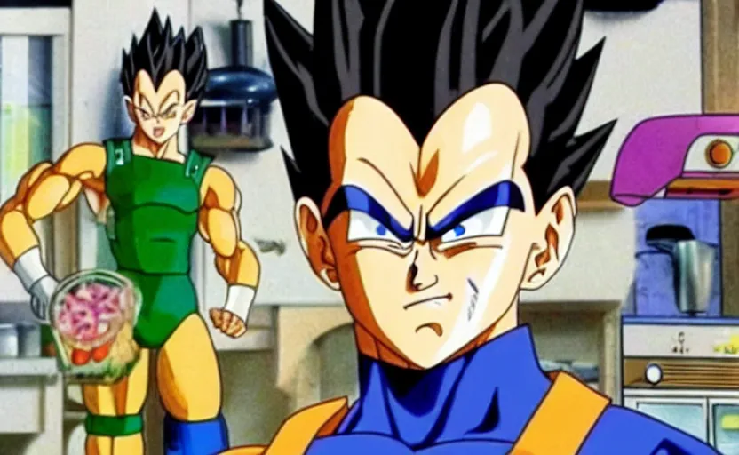 Prompt: a still of photorealistic Vegeta hosting a cooking show in the 90s,