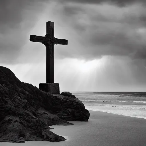 Prompt: a highly detailed black and white matte painting of a large cross standing on the beach as a storm comes in with the tide, woman sitting in the sand watching the ocean, epic fantasy, god rays, rocky beach, ultrawide lense, aerial photography, unreal engine, exquisite detail, 8 k, art by albert bierstadt and greg rutkowski and alphonse mucha