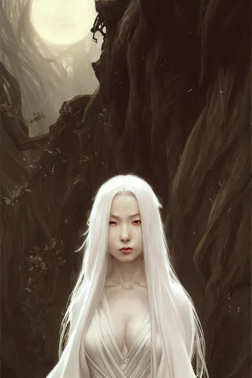 Prompt: Kaguya Ōtsutsuki, long white hair, white robe, D&D, fantasy, intricate, elegant, highly detailed, digital painting, artstation, concept art, matte, sharp focus, illustration, art by Artgerm and Greg Rutkowski and Alphonse Mucha