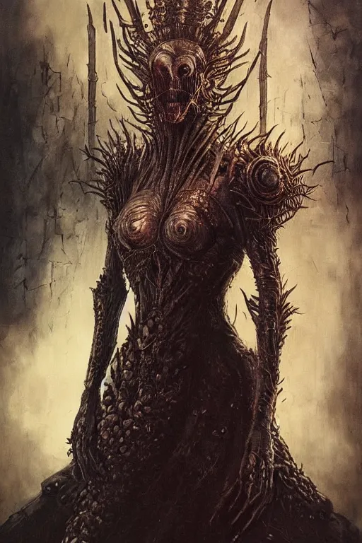 Image similar to portrait of queen elizabeth the first by hr giger, greg rutkowski, luis royo and wayne barlowe as a diablo, resident evil, dark souls, bloodborne monster