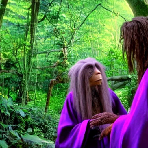 Image similar to a skeksi in purple robes is talking to a gelfling child in the woods, they are from the movie the dark crystal, cinematic 8 k