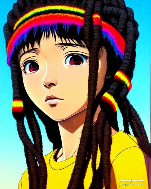 Image similar to portrait Anime 1984 Rasta Girl wearing-rasta-clothes Soft fine face pretty face, realistic shaded Perfect face, fine details. Anime. background: Los-Angeles San-Francisco; hyperrealistic by Ilya Kuvshinov katsuhiro otomo ghost-in-the-shell, magali villeneuve, artgerm, rutkowski Jeremy Lipkin and Giuseppe Dangelico Pino and Michael Garmash and Rob Rey