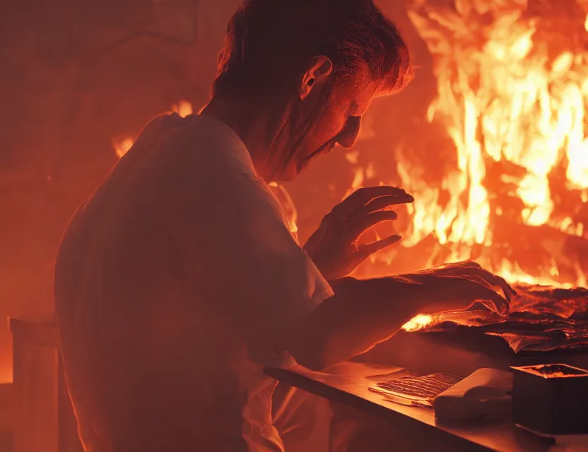 Image similar to a man works at a workstation in a very hot office with burning fires, close up, featured in artstation, octane render, intricate, ultra detailed, fantasy, concept art, wide - angle lens, sharp focus, illustration, 8 k