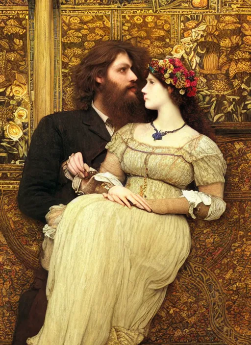 Prompt: masterpiece of intricately detailed preraphaelite photography couple portrait sat down, love, inside a beautiful underwater train, man with long hair big beard glasses, woman large lips eyes straight fringe, detailed realistic expressions, colourful unusual clothes yellow ochre, impressionistic crowd sat down in background by ford madox brown william powell frith frederic leighton john william waterhouse hildebrandt william morris