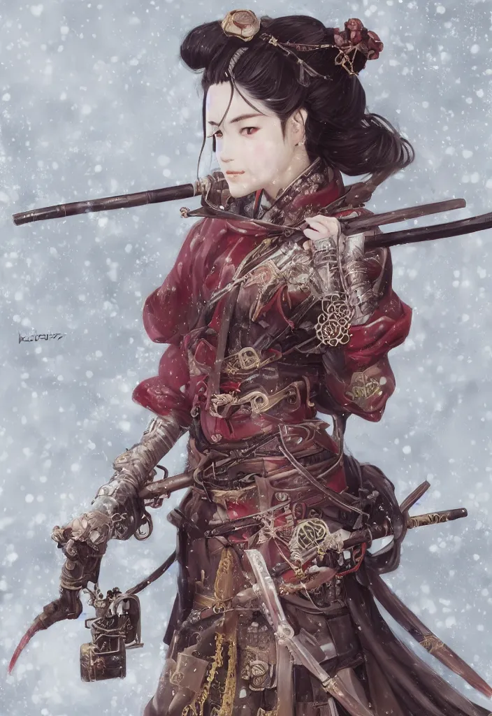 Prompt: detailed portrait of steampunk girl samurai with tachi and cross bow combat pose in snow forest sakura cherry blossom swan hakama kimono trending on artstation elite, elegant, luxury, by krenz cushart greg rutkowski alexandros, perfect face, fine details, realistic shaded, fine - face, pretty face