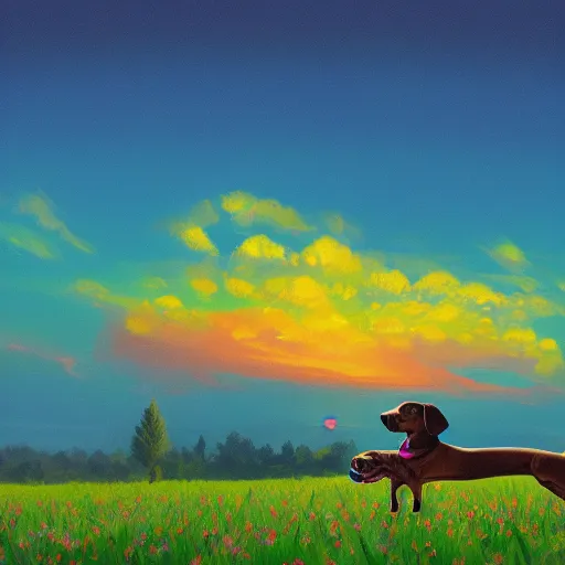 Prompt: a dachshund, surreal photography, cannabis field, sunset on a summer day light, impressionist painting, colorful clouds, blue sky, digital painting, artstation, simon stalenhag