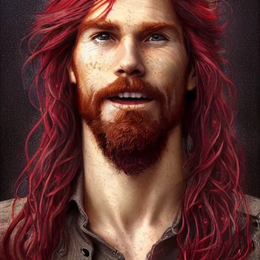 Image similar to portrait of a young ruggedly handsome but joyful pirate, faint freckles, male, masculine, upper body, red crimson crimson deep red hair, long long flowing hair, fantasy, proud smirk, intricate, elegant, highly detailed, digital painting, artstation, concept art, matte, sharp focus, illustration, art by artgerm and greg rutkowski and alphonse mucha